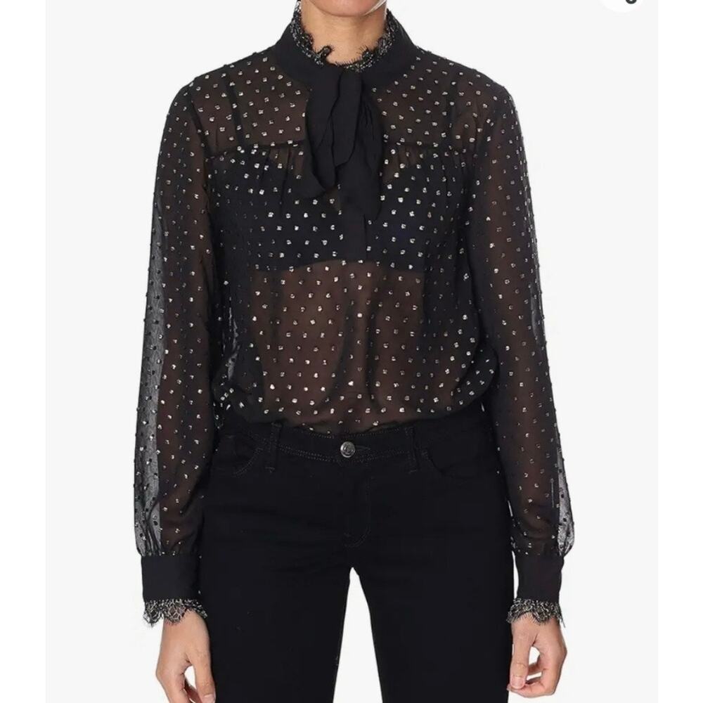 TED BAKER Riiaa Blouse Women XS Black Gold Swiss Dot Sheer Long Sleeve Lace Trim